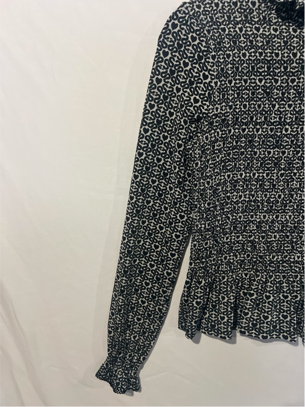 Sandro Blouse Women’s Size 0 Black Monogram Print Mockneck Smocked Top - Picture 8 of 16
